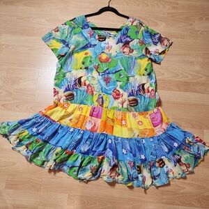 Kokonuts Fish Seashell Print Multicolored Tiered Drop Waist Mini Dress Large Vtg